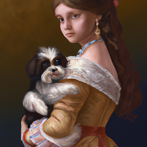 ציור של אישה ויקטוריאנית מחזיקה כלב קטן