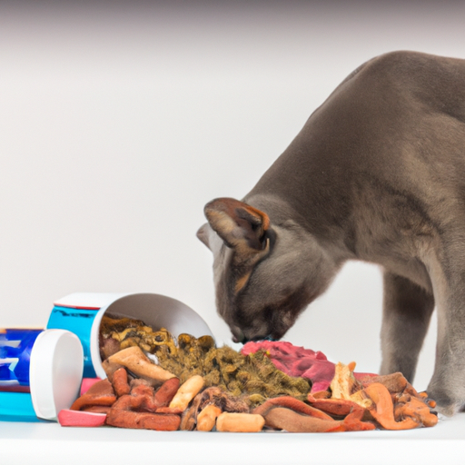 חתול שמרחרח סוגים שונים של מזון רפואי, תוך שימת דגש על חשיבות הפנייה להעדפות הטעם שלהם.