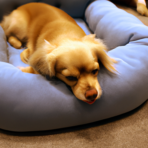 כלב נודניק בשמחה על מיטת כלבים מפוארת ואיכותית.