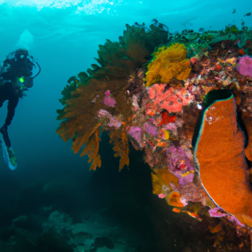 צוללן חוקר שוניות אלמוגים תוססות בקו טאו