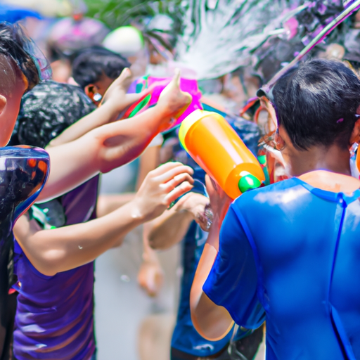 אנשים המשתתפים בקרב המים המרגש של Songkran