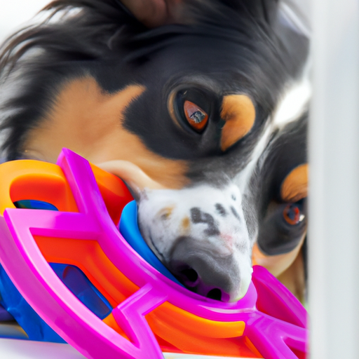 כלב עסוק בצעצוע פאזל, מפגין גירוי מנטלי באמצעות אילוף.